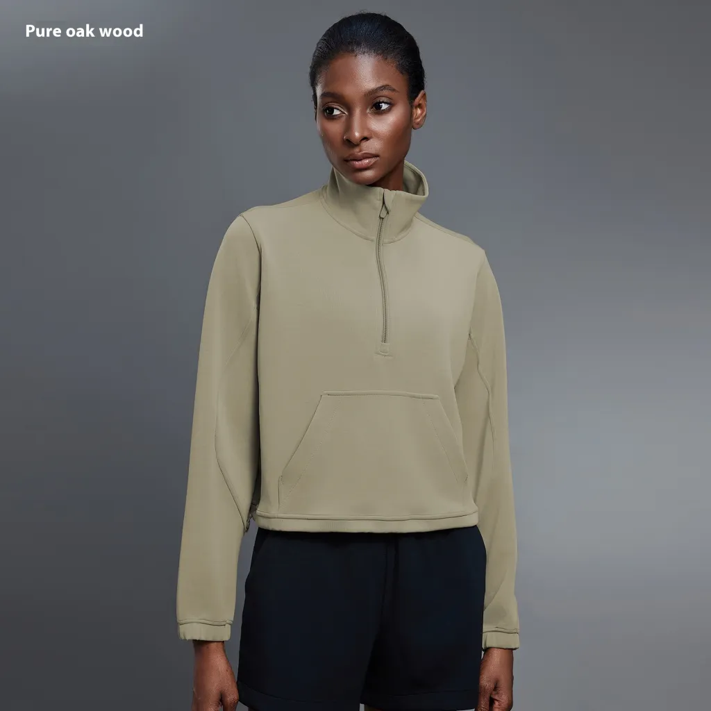 Half Zipped Stand Collar Short Sports Casual Loose Shoulder Long-sleeved Sweater - Pure Oak