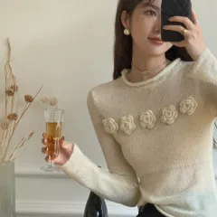 Micro Transparent Flower Sweater New Korean Version Elegant Round Neck Knitted Top - Apricot - View 1