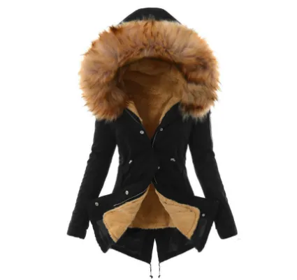 Fur collar drawstring solid color warm cotton coat Black Shirt And Yellow Collar - Shop at LoveMi