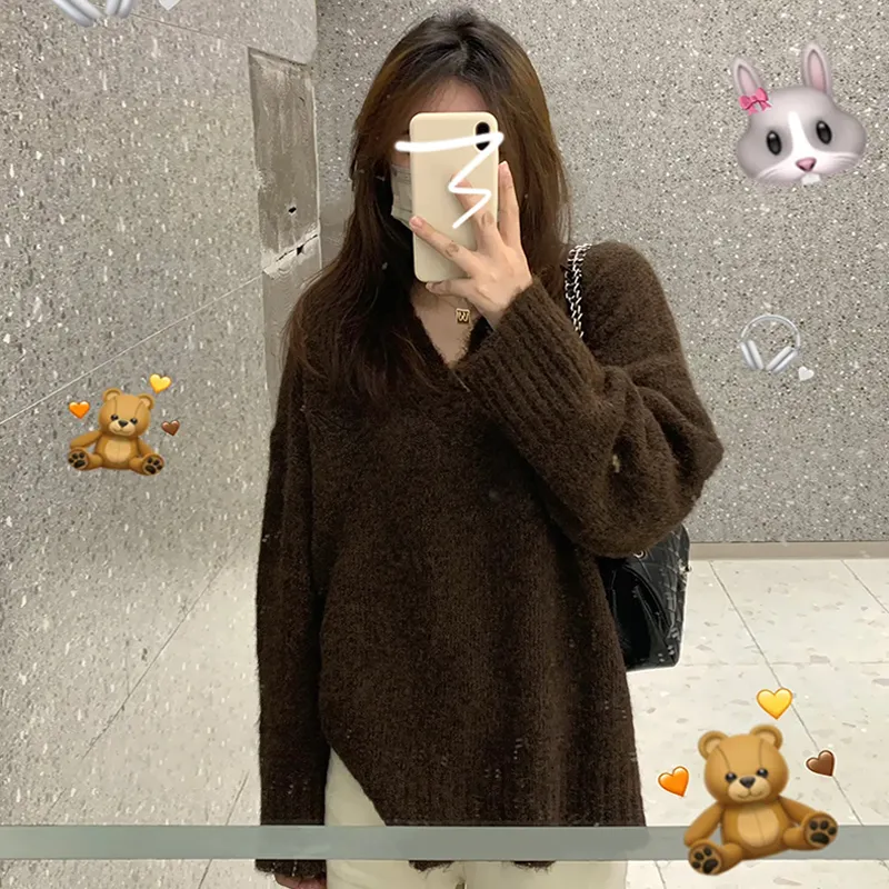 Loose V-neck Sweater Female Thickened Sweater - Coffee
