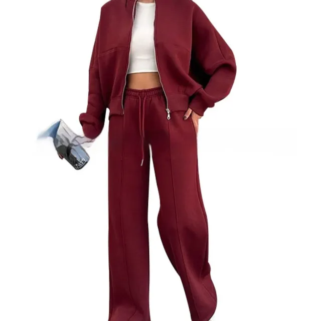 Women's Sports Suits Zipper Jacket And Wide Leg Pants Two piece Set Red - Shop at LoveMi