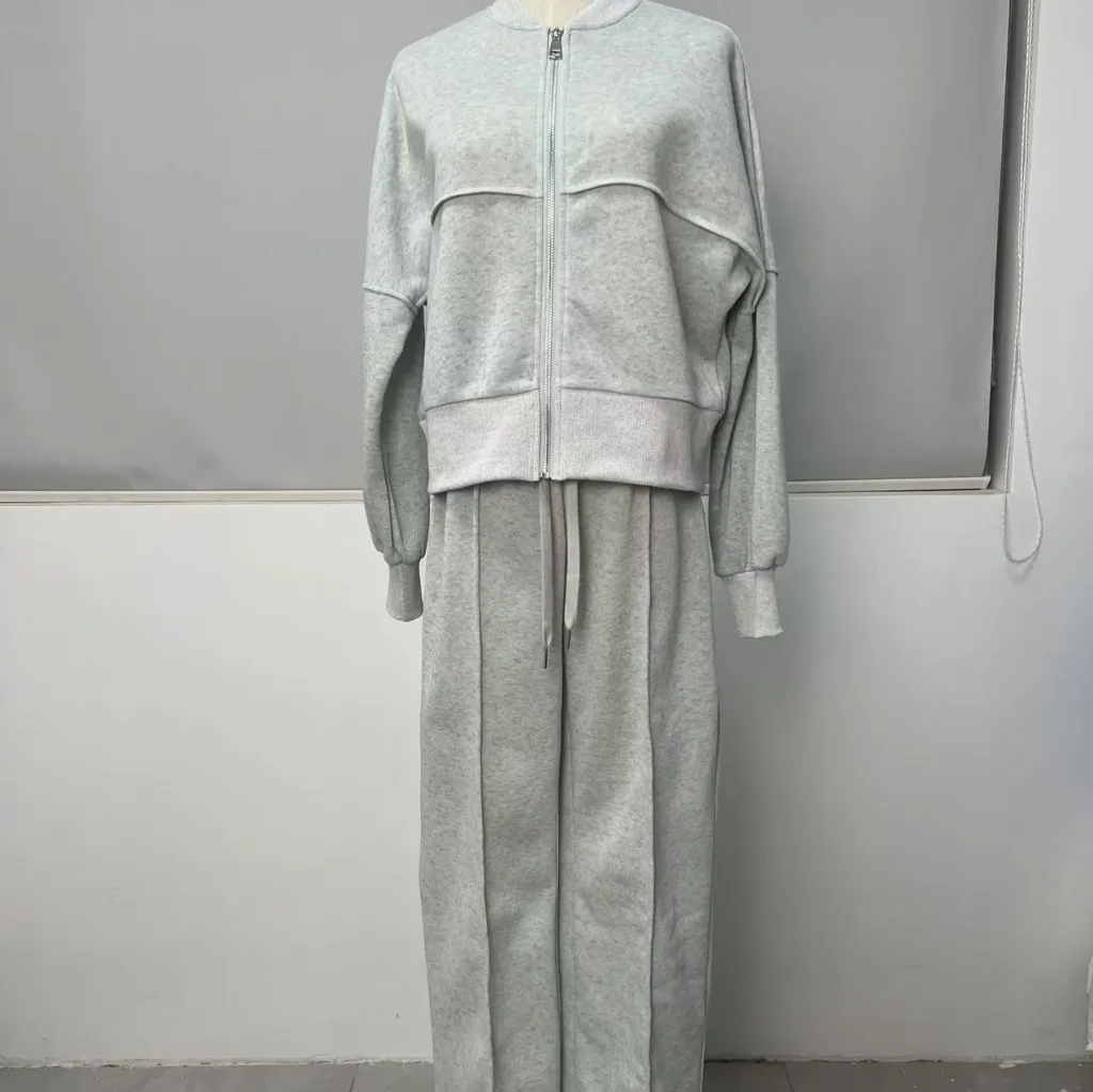 Women's Sports Suits Zipper Jacket And Wide Leg Pants Two-piece Set - Silver