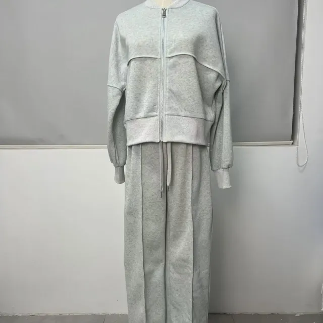 Women's Sports Suits Zipper Jacket And Wide Leg Pants Two piece Set Silver - Shop at LoveMi