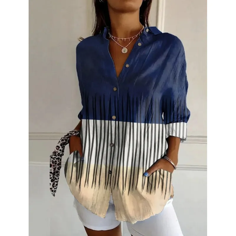 Women's Single-breasted Pleated Lapel Shirt - Navy Blue - View 1