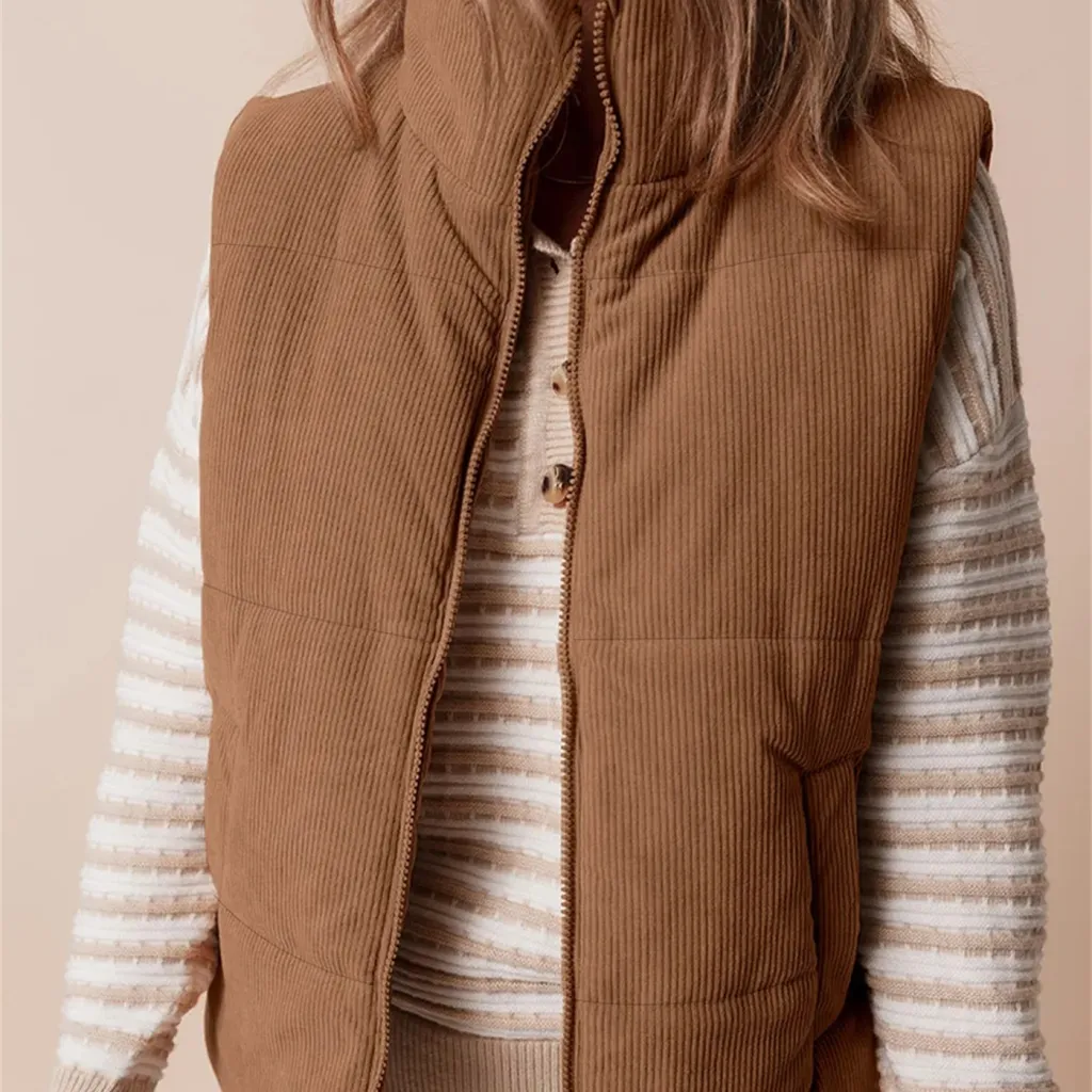 Coffee Corduroy Stand Neck Zipped Puffer Vest - Coffee