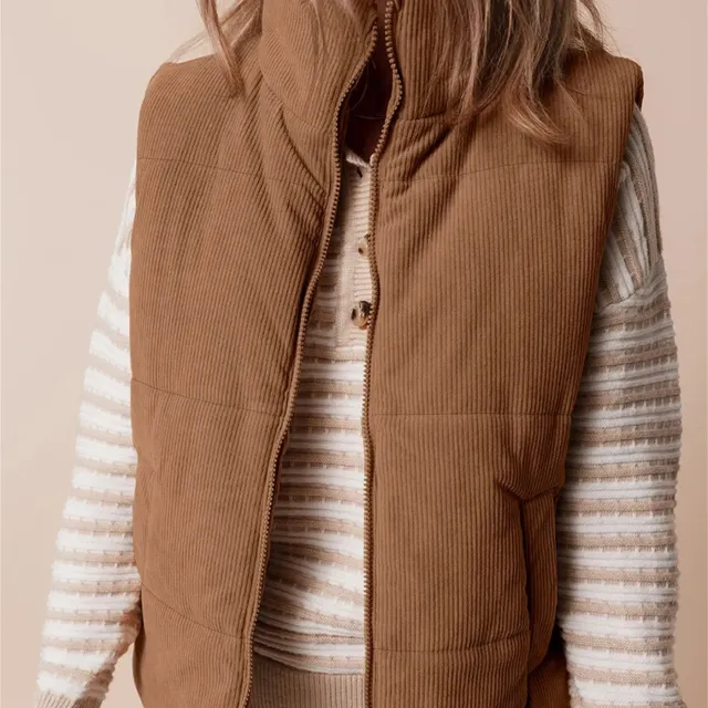 Coffee Corduroy Stand Neck Zipped Puffer Vest Coffee - Shop at LoveMi