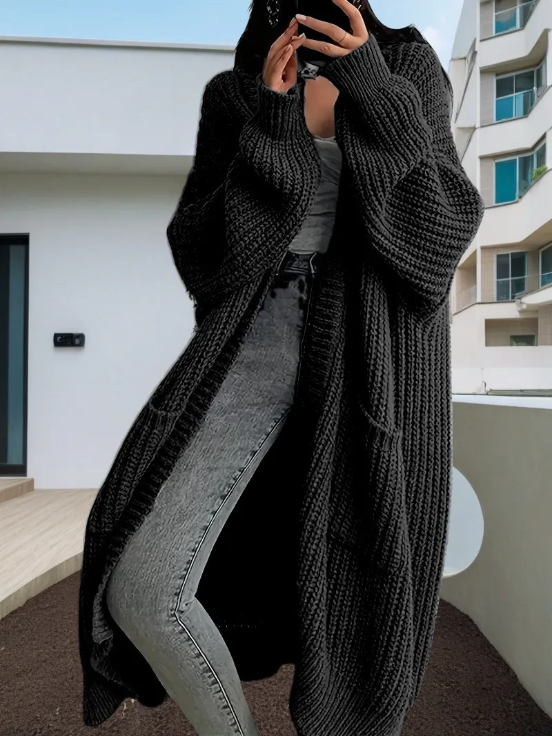 Autumn And Winter Long Sweater Women's Loose All-matching Base Long-sleeved Knitted Cardigan - Black