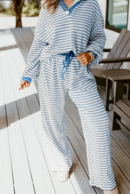 Khaki Stripe Collared Pullover Top And Drawstring Pant Set Blue - Shop at LoveMi