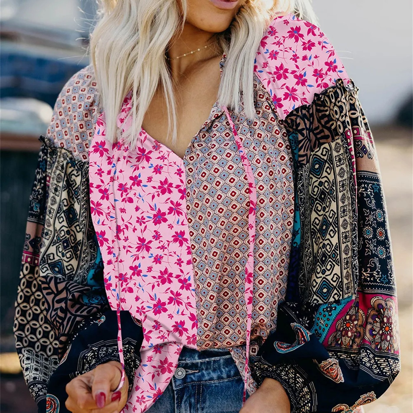 Boho Mixed Floral Drop Shoulder Bubble Sleeve Blouse