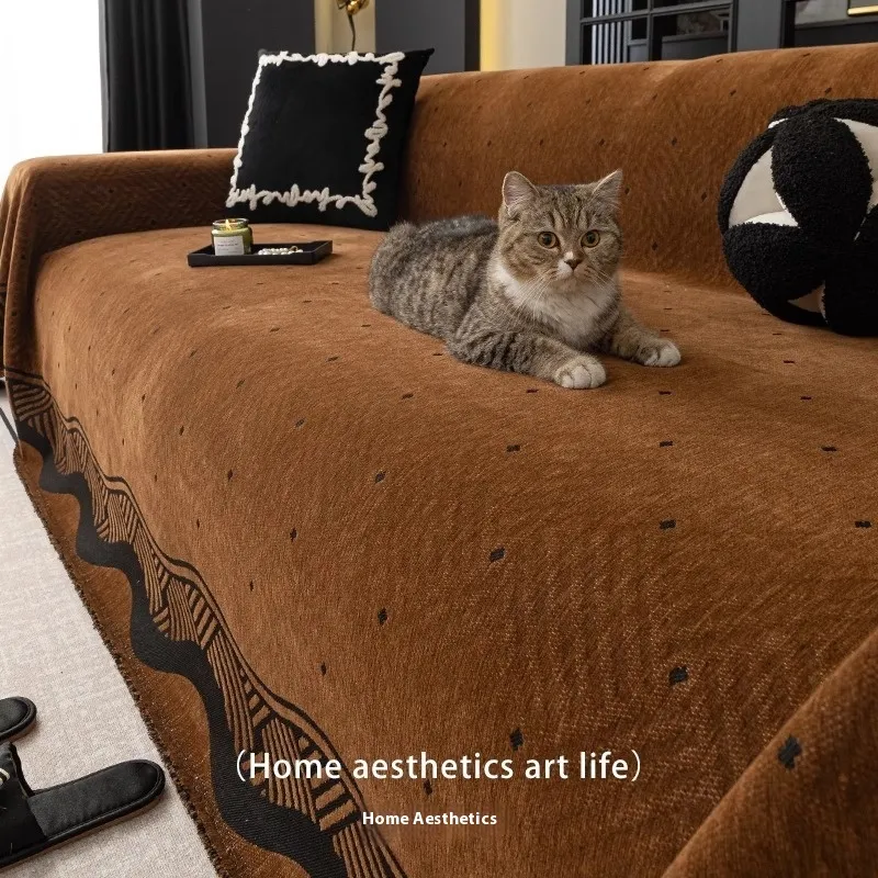 Universal Non-slip Universal Cover Cover Straight Row Sofa Cushion Blanket - Retro Coffee Color