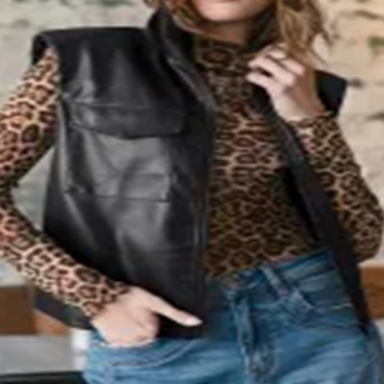 Black Double Flap Pocket Faux Leather Zip Up Stand Neck Vest