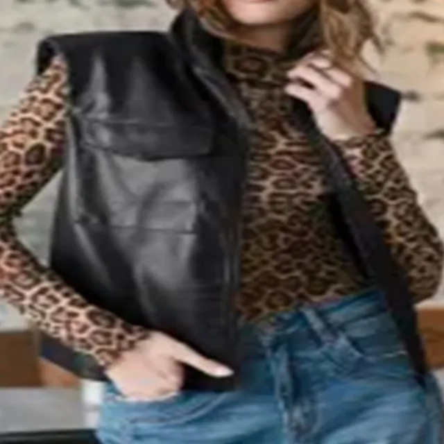 Black Double Flap Pocket Faux Leather Zip Up Stand Neck Vest Black - Shop at LoveMi