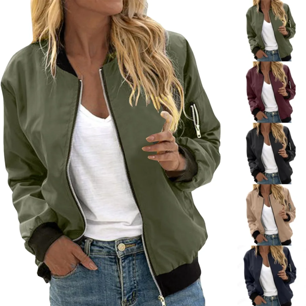 Women's Solid Color Cool Girl Baseball Jackets Round Neck