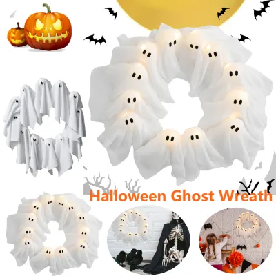 Halloween Decorations Ghost Wreath Cute Ghost Halloween Door Sign For Door Porch Wall Holiday Home Decor Glow Ghost Lights