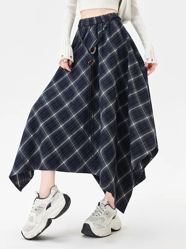 Irregular Plaid Skirt Women's Retro Plaid Blue Grid - Shop at LoveMi
