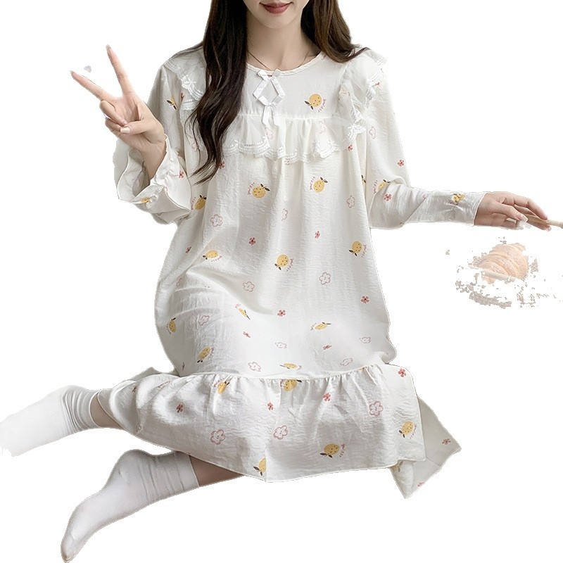 Cloud Cotton Long-sleeved Nightdress Autumn New Lace With Chest Pad