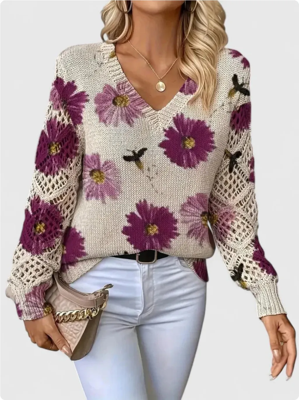 Elegant Bohemian Floral V-neck Long Sleeve Fashion Printed Sweater - V13
