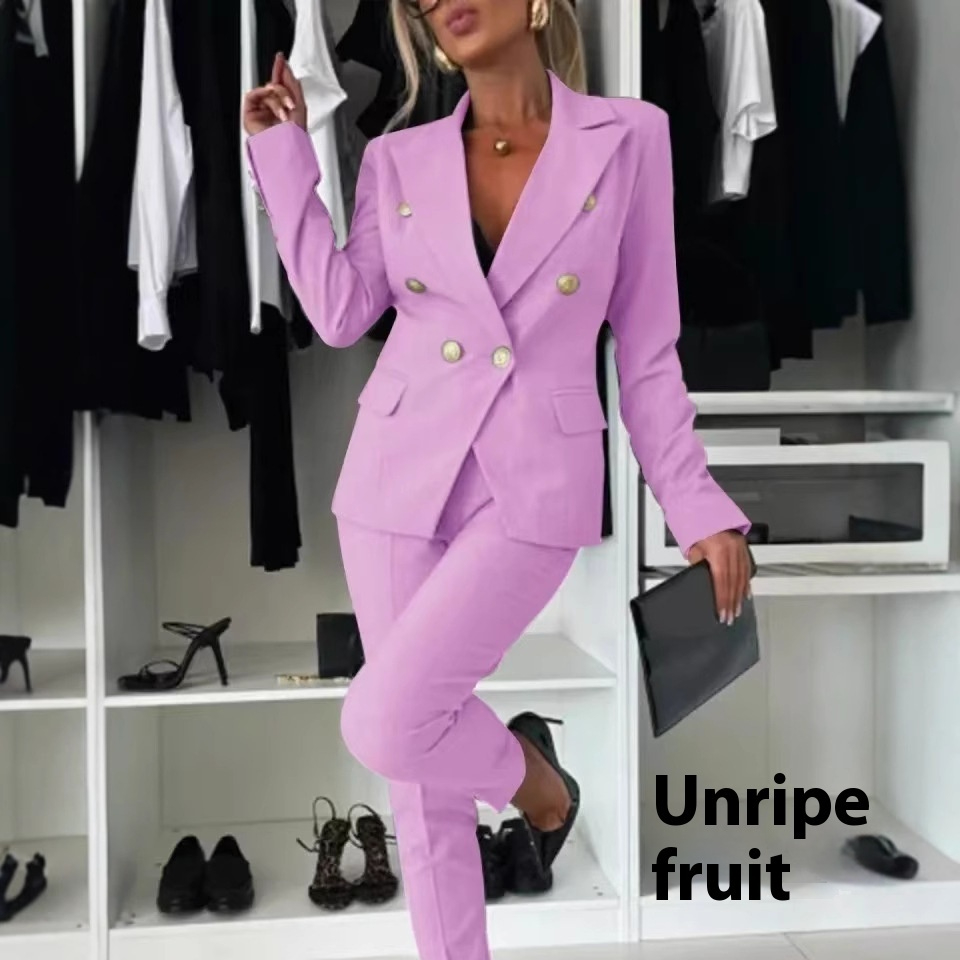 Casual Blazer Suit Slim Lapel Double-breasted Jacket And Zip-up Trousers Women's Clothing - Image 3