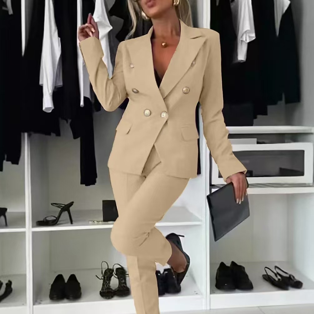 Casual Blazer Suit Slim Lapel Double-breasted Jacket And Zip-up Trousers Women's Clothing - Image 8