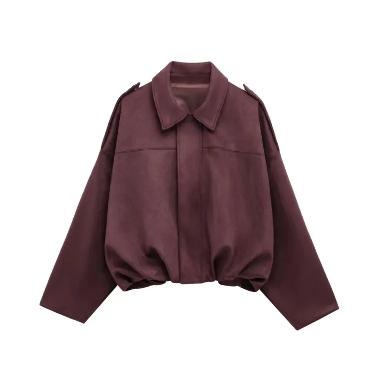 Women's Batwing Sleeve Lapel Suede Texture Effect Pilot Jacket - Dark Red