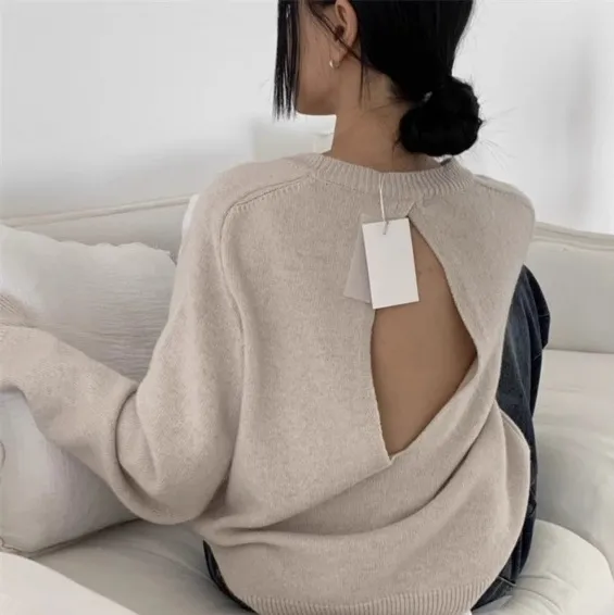Scheming Hollow Backless Loose Round Neck Knitted Knitting Shirt Apricot - Shop at LoveMi