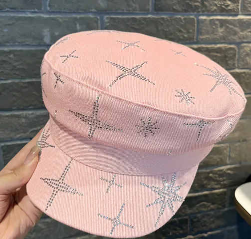 Denim Rhinestone XINGX Flat top Cap Women's Spring Face Little Wild Pink - Shop at LoveMi