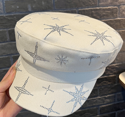 Denim Rhinestone XINGX Flat top Cap Women's Spring Face Little Wild Beige - Shop at LoveMi