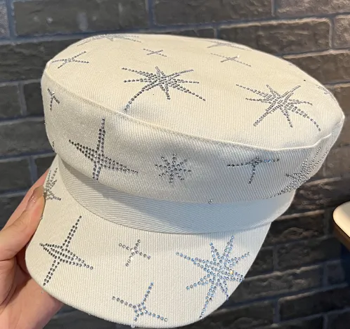 Denim Rhinestone XINGX Flat-top Cap Women's Spring Face Little Wild - Beige