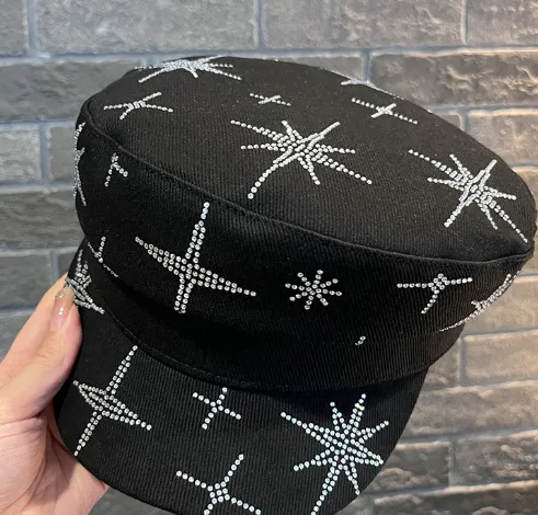 Denim Rhinestone XINGX Flat top Cap Women's Spring Face Little Wild Black - Shop at LoveMi