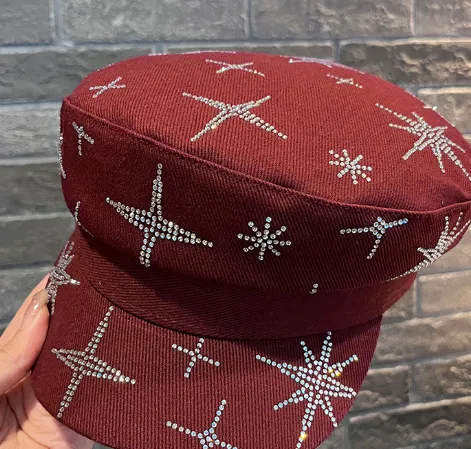 Denim Rhinestone XINGX Flat top Cap Women's Spring Face Little Wild Wine Red - Shop at LoveMi
