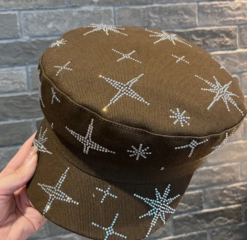 Denim Rhinestone XINGX Flat top Cap Women's Spring Face Little Wild Coffee - Shop at LoveMi