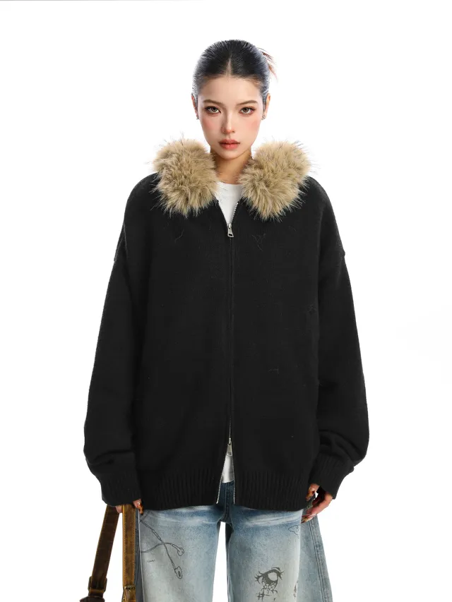 Detachable Fur Collar Hood Sweater Women's Coat Black - Shop at LoveMi