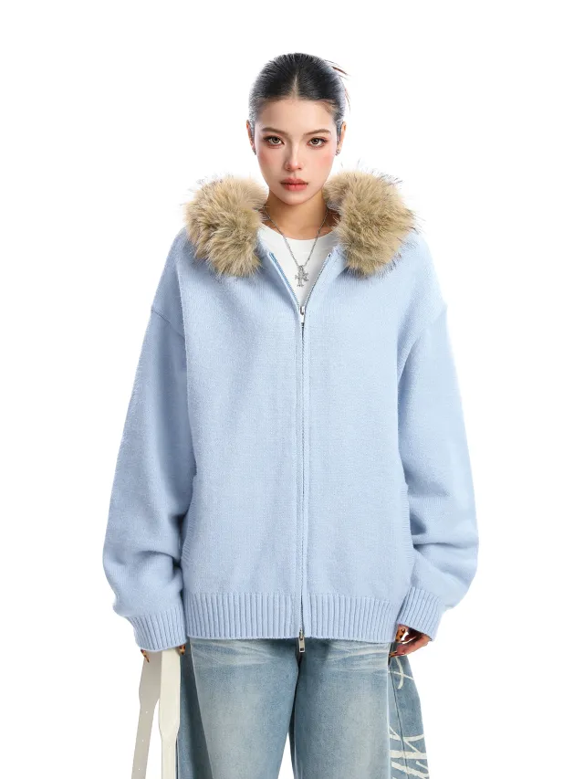 Detachable Fur Collar Hood Sweater Women's Coat Blue - Shop at LoveMi