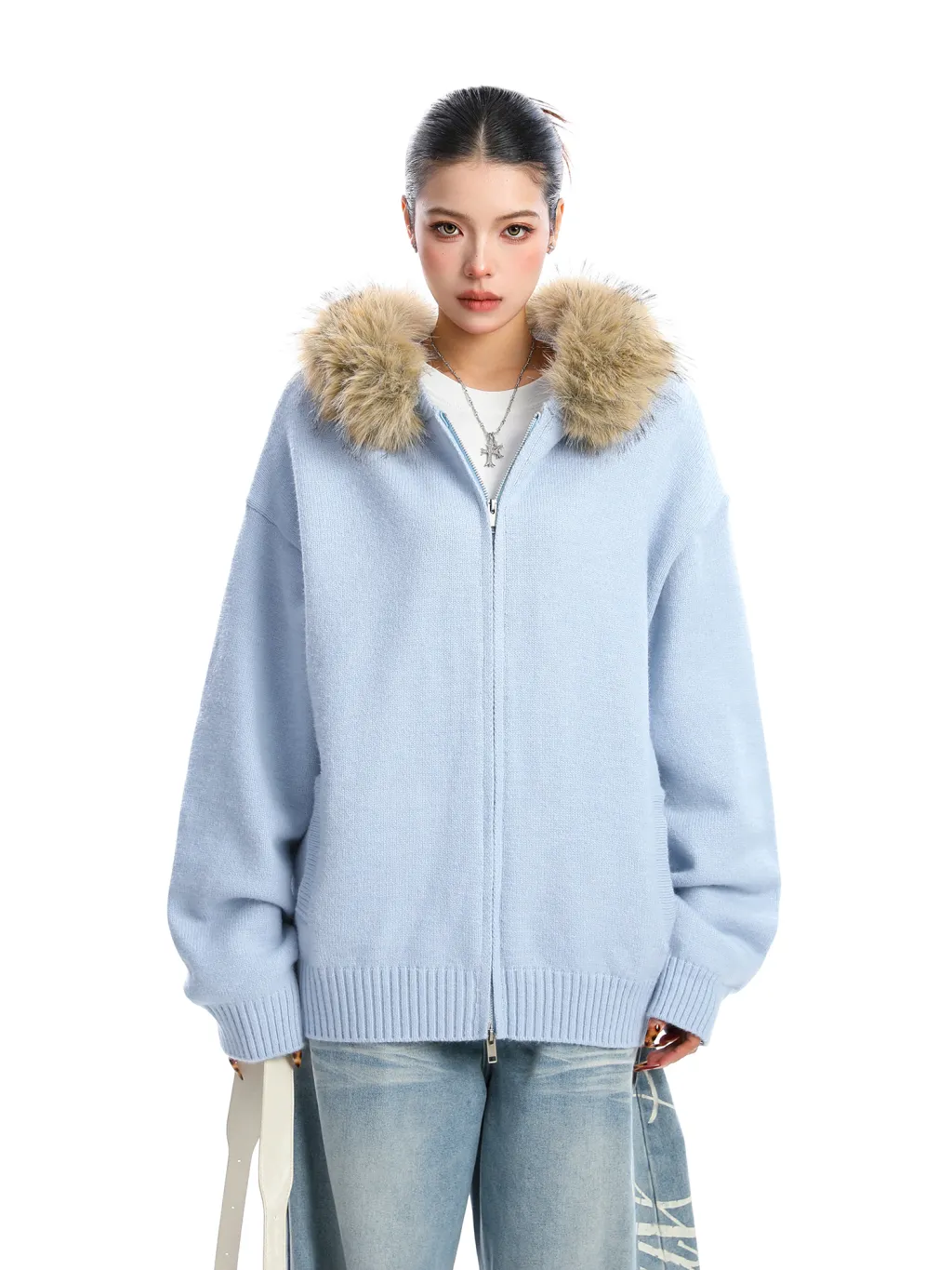 Detachable Fur Collar Hood Sweater Women's Coat - Blue