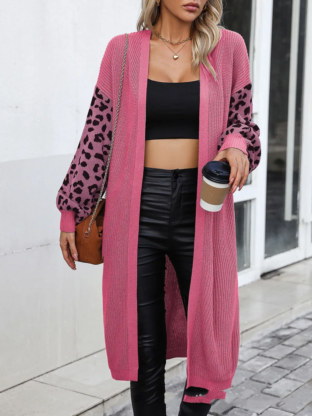Women's Casual Long Solid Colour Pattern Leopard Design Coat Cardigan For Women - Rose Red