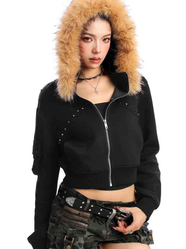 Rivet Detachable Fur Collar Stand Collar Sweater Black - Shop at LoveMi