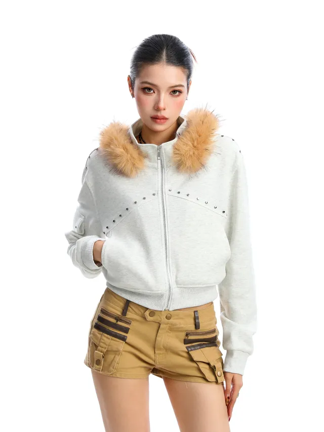 Rivet Detachable Fur Collar Stand Collar Sweater Light Gray - Shop at LoveMi