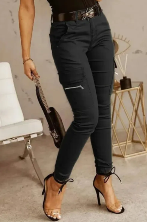 European And American Women's Trousers, Low-waisted Buttons, Solid Color Pockets - Silver