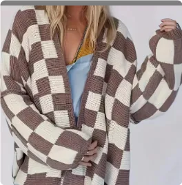 Contrast Color Checkerboard Sweater Cardigan Coffee - Shop at LoveMi