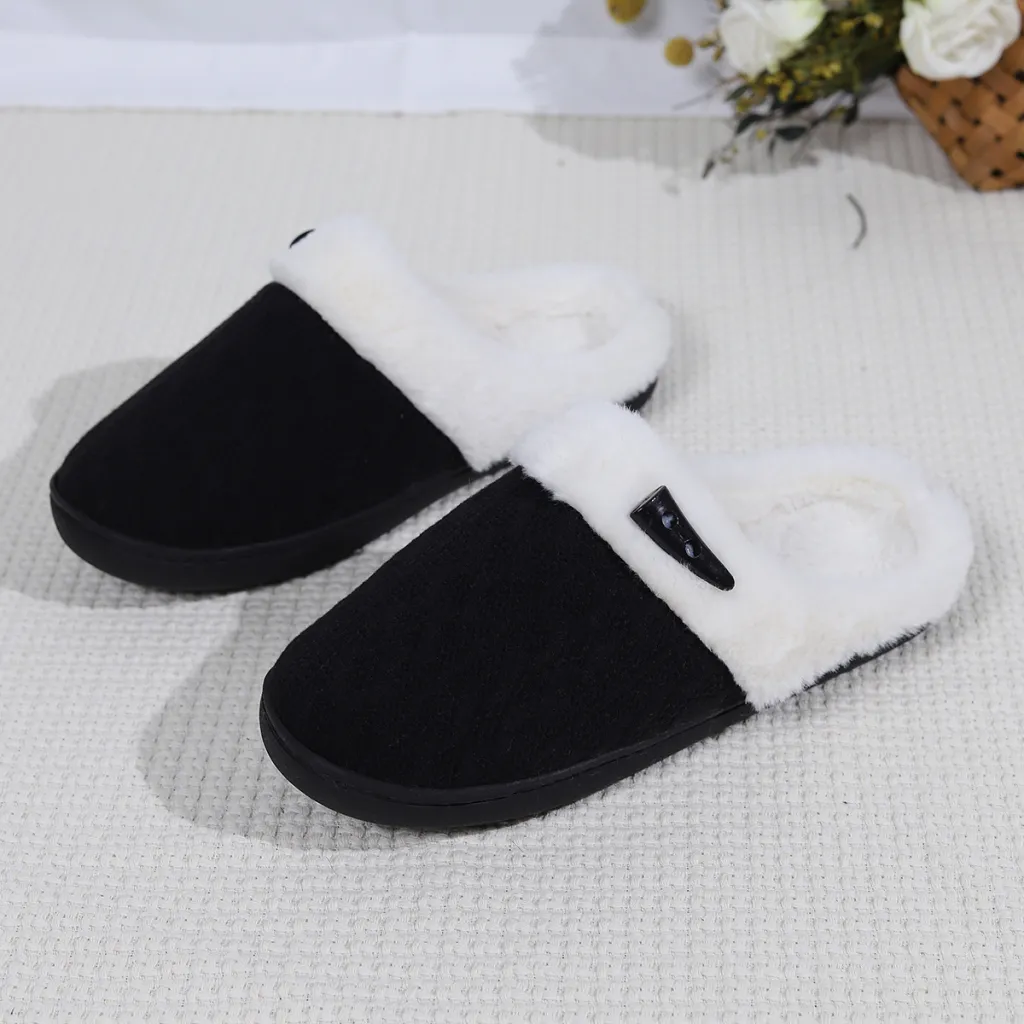 Thick Fabric Slippers Men And Women Warm Couple Cotton Slippers Toe Cap - Black