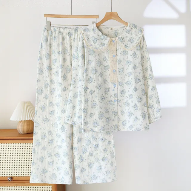 Cotton Floral Sweet Pajamas Women's Casual Long sleeved Trousers Large Size Suit Blue - Shop at LoveMi