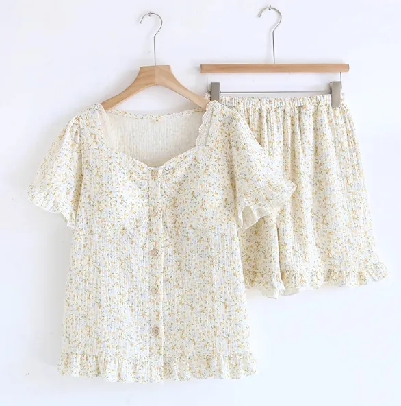 Sweet Lace Square neck Floral Short Sleeves Breast Cushion Pajamas Flower Bloom - Shop at LoveMi
