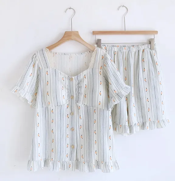 Sweet Lace Square neck Floral Short Sleeves Breast Cushion Pajamas Blue Flower Language - Shop at LoveMi