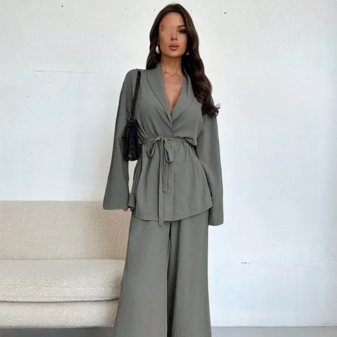 V-neck Women's Temperament Long Sleeve Elegant Wide-leg Pants Suit - Gray