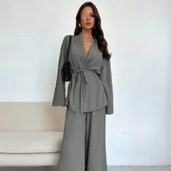 V-neck Women's Temperament Long Sleeve Elegant Wide-leg Pants Suit - Grey - View 1