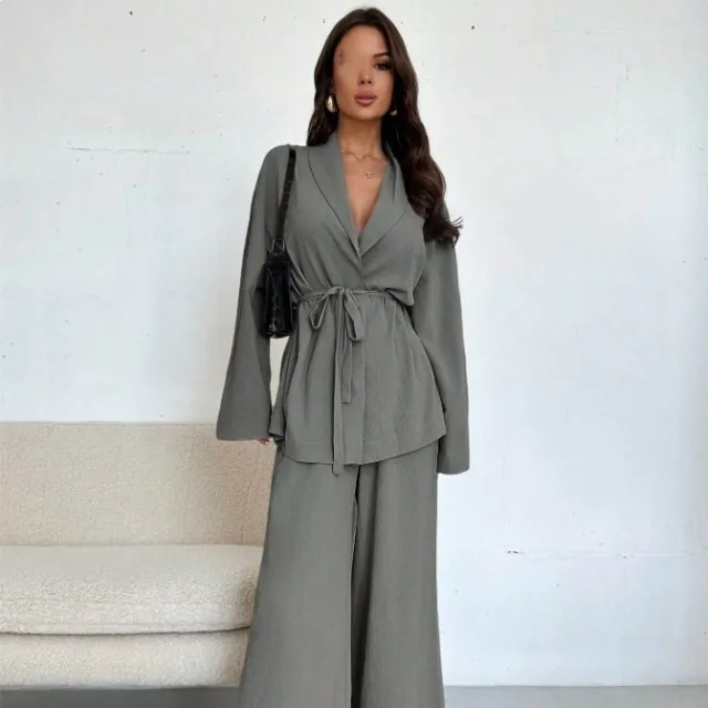 V neck Women's Temperament Long Sleeve Elegant Wide leg Pants Suit Gray - Shop at LoveMi
