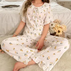 High-grade Floral Short-sleeved Trousers Home Wear Two-piece Set - Yellow - View 1