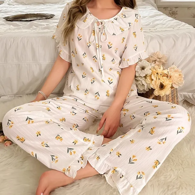 High grade Floral Short sleeved Trousers Home Wear Two piece Set Yellow - Shop at LoveMi