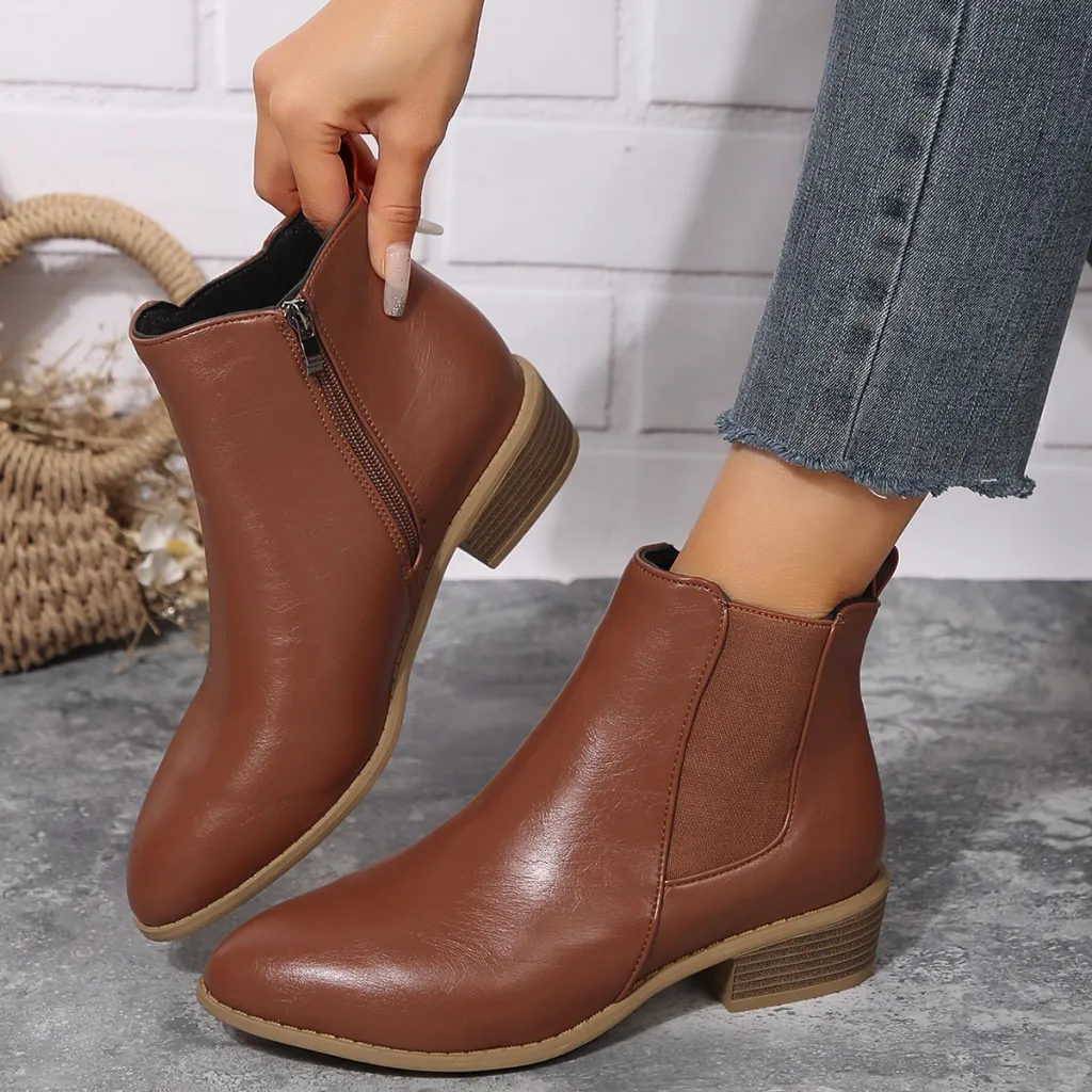 Pointed Suede Elastic Band, Thick Heel Casual Single Shoes For Women - Brown