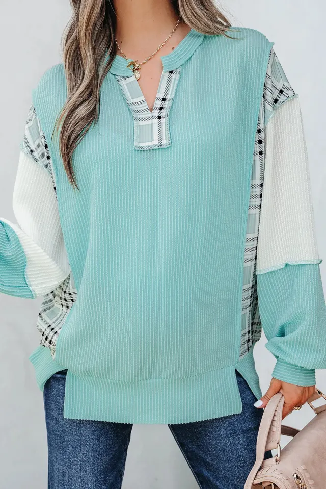 Aruba Blue Corded Texture Colorblock Patchwork Split Neck Long Sleeve Top Aruba Blue - Shop at LoveMi